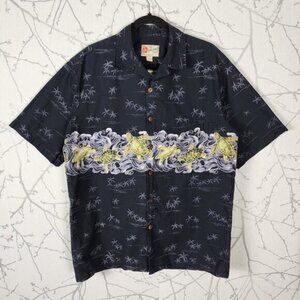 Hilo Hattie Black Palm Trees Turtles Print 100% Cotton Camp Shirt